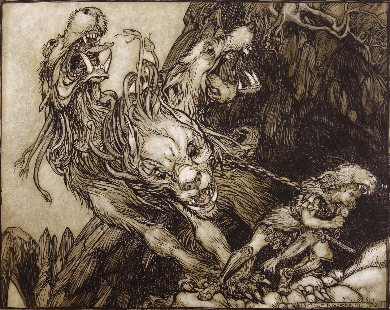 La dodicesima fatica di Ercole, illustrazione da The Greek Heroes di B.G. Niebuhr, 1903 da Arthur Rackham