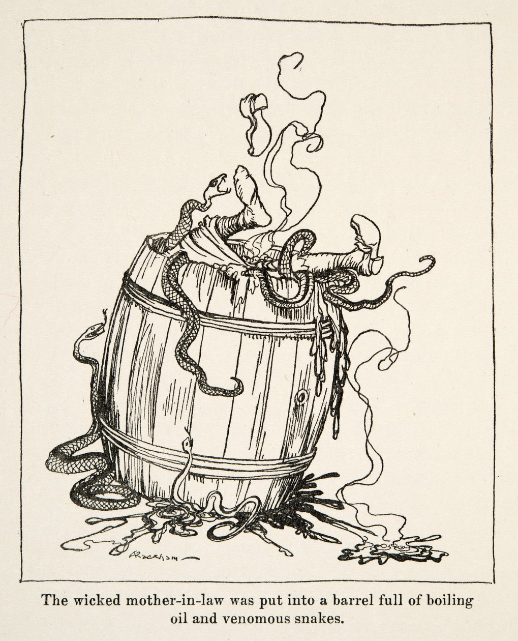 La cattiva suocera fu messa in una botte piena di olio bollente e serpenti velenosi, da Fratellino e Sorellina e altre fiabe dei Fratelli Grimm, pub.1917 da Arthur Rackham