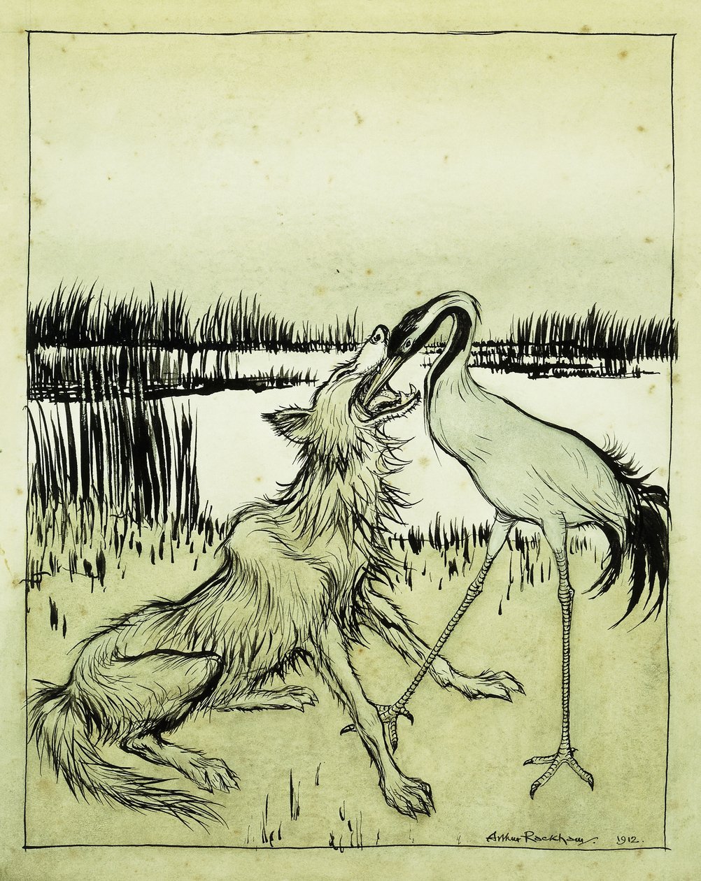 Il lupo e la gru - Favole di Esopo, 1912 da Arthur Rackham