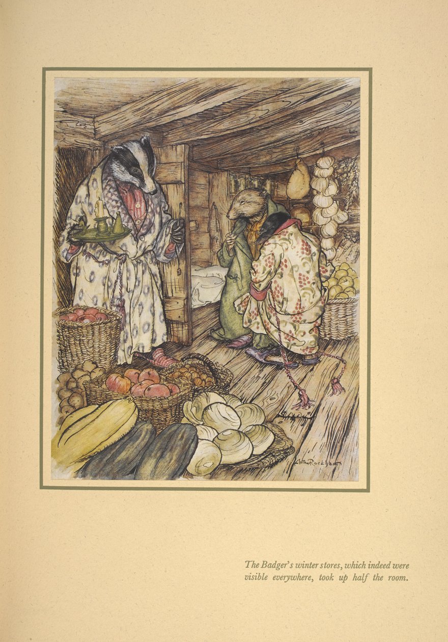 Le scorte invernali del tasso, che infatti erano visibili ovunque, occupavano metà della stanza da Arthur Rackham