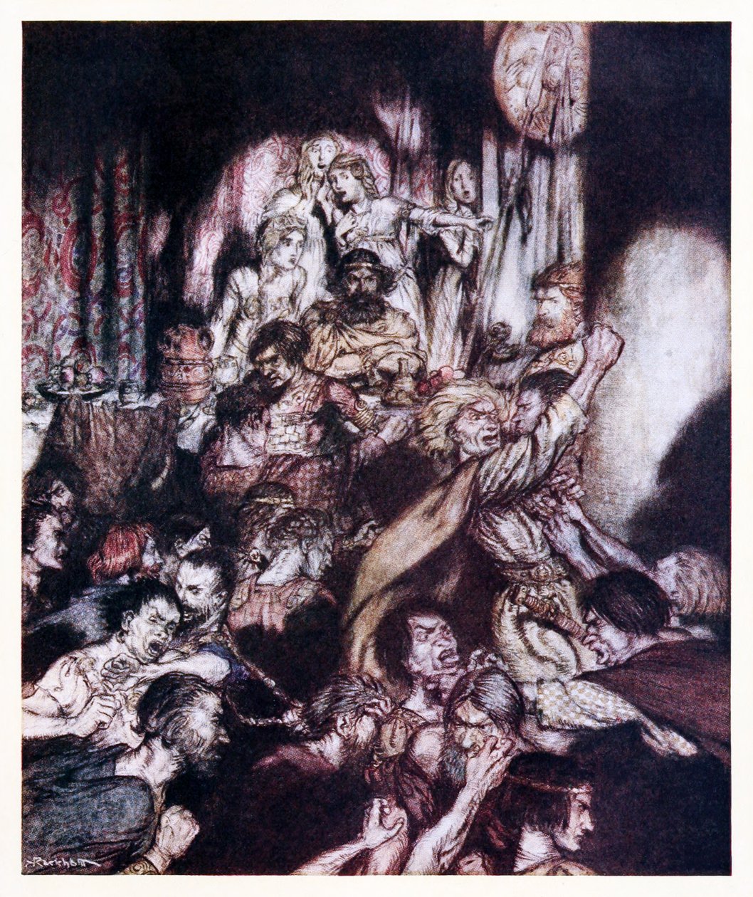 La sala del banchetto era in tumulto. da La piccola rissa in Fiabe irlandesi da Arthur Rackham