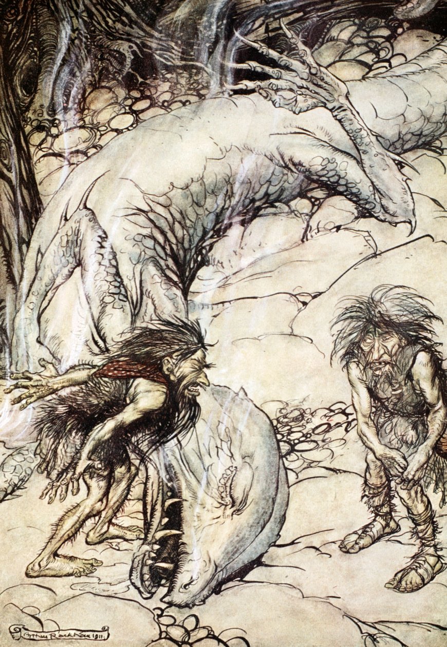I nani che litigano sul corpo di Fafner, 1924 da Arthur Rackham