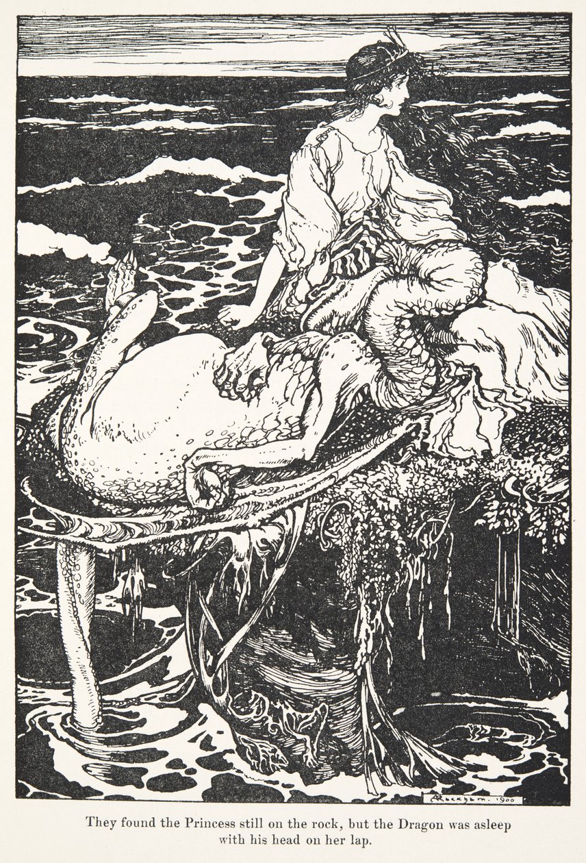 Trovarono la principessa ancora sulla roccia, ma il drago dormiva con la testa sul suo grembo, da Le fiabe dei fratelli Grimm, pub. 1909 da Arthur Rackham