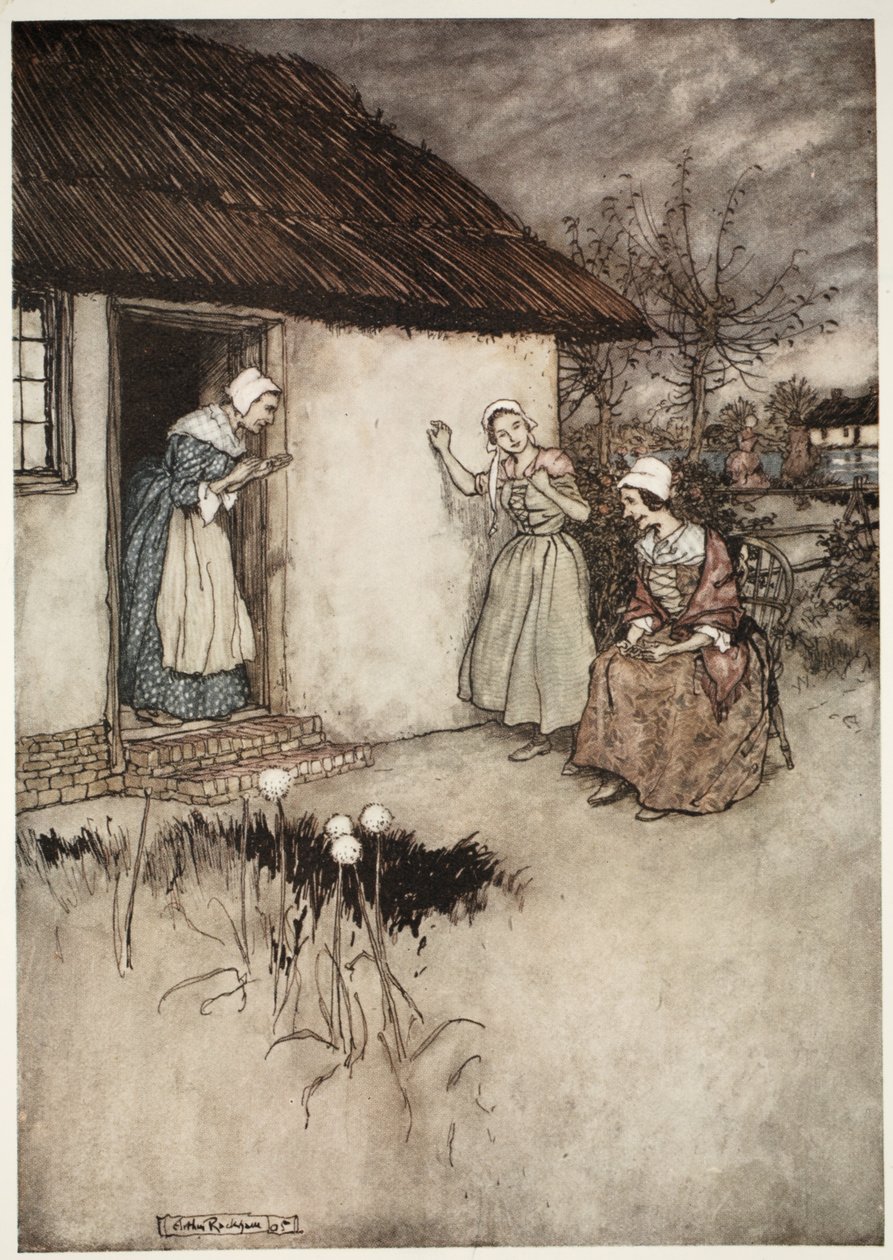 Le brave mogli del villaggio non mancavano mai, nelle loro chiacchiere serali, di dare tutta la colpa a Dame Van Winkle, da Rip Van Winkle di Washington Irving, pub. 1910 da Arthur Rackham