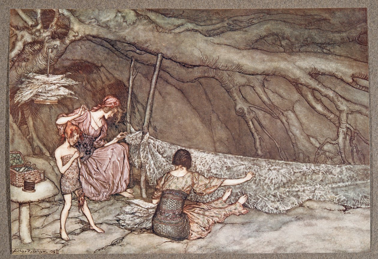 Le piccole persone tessono le loro tende estive con foglie scheletriche .., da Peter Pan nei Giardini di Kensington di J M Barrie (1860 - 1937), pub. 1906 da Arthur Rackham