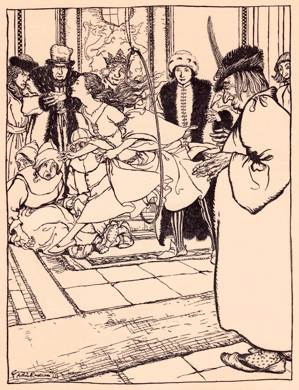 La bella fanciulla saltò attraverso il cerchio leggera come un cervo. Illustrazione di Arthur Rackham dalla fiaba dei Grimm, Le Tre Piume. da Arthur Rackham