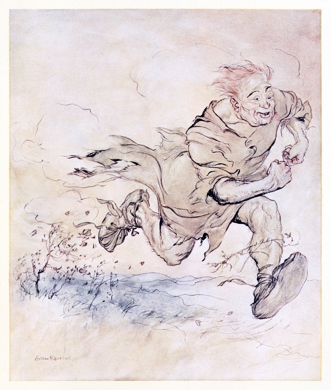 Il rumore dei suoi grandi stivali divenne continuo come il ticchettio della grandine su un tetto, e il vento del suo passaggio abbatté gli alberi. da Il Carl del Cappotto Grigio in Fiabe irlandesi da Arthur Rackham