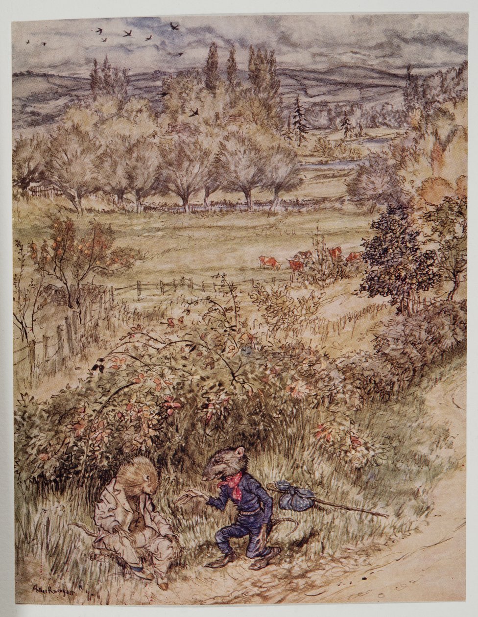 Il viandante salutò con un gesto di cortesia che aveva qualcosa di straniero, da Il vento nei salici di Kenneth Grahame, pub. 1940 da Arthur Rackham