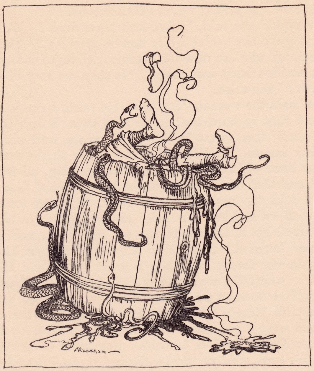 La malvagia suocera fu messa in una botte piena di olio bollente e serpenti velenosi. Illustrazione di Arthur Rackham dalla fiaba dei Grimm, I Dodici Fratelli, pubblicata alla fine del XIX secolo. da Arthur Rackham