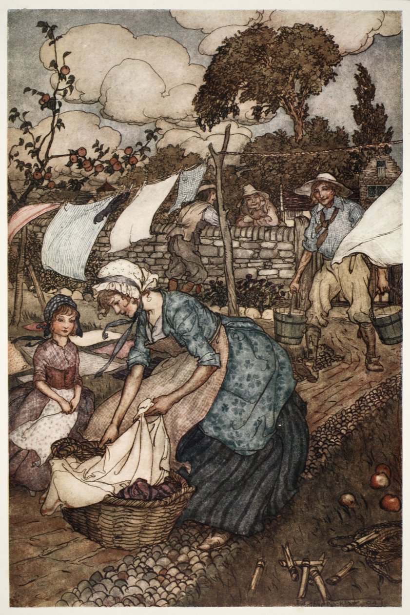 Le donne del villaggio lo impiegavano per fare quei piccoli lavoretti che i loro mariti meno disponibili non avrebbero fatto per loro, da Rip Van Winkle di Washington Irving, pub. 1910 da Arthur Rackham
