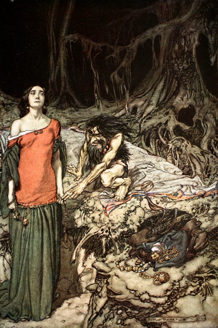 Il corteggiamento di Grimhilde, la madre di Hagen da Arthur Rackham