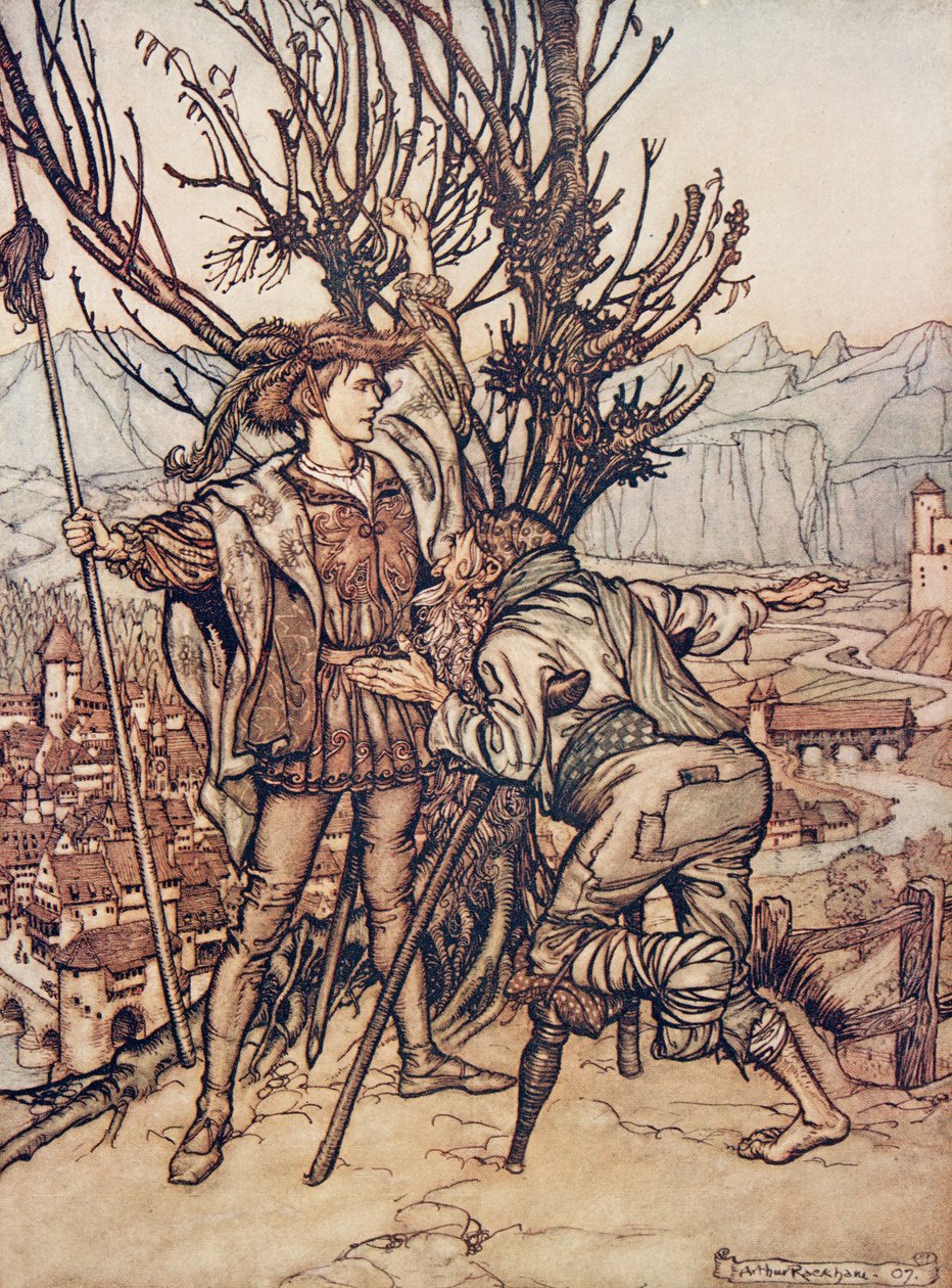 Il giovane principe disse Non ho paura; sono determinato a guardare la bella Rosaspina, da Le fiabe dei fratelli Grimm, pub. 1909 da Arthur Rackham