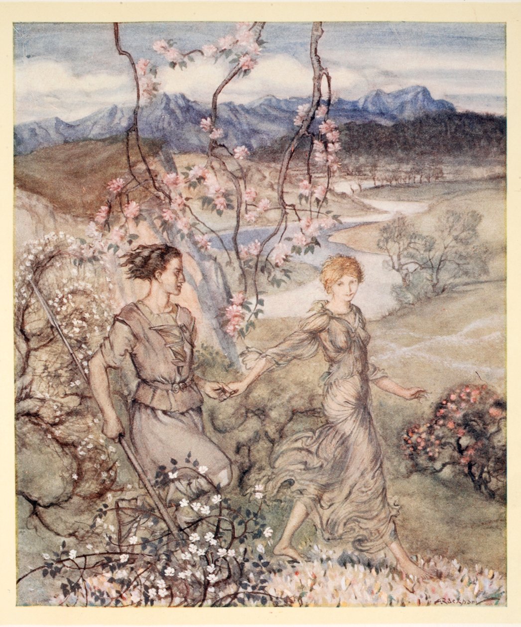 Poi andarono mano nella mano nel paese che odora di fiori di melo e miele, illustrazione da 