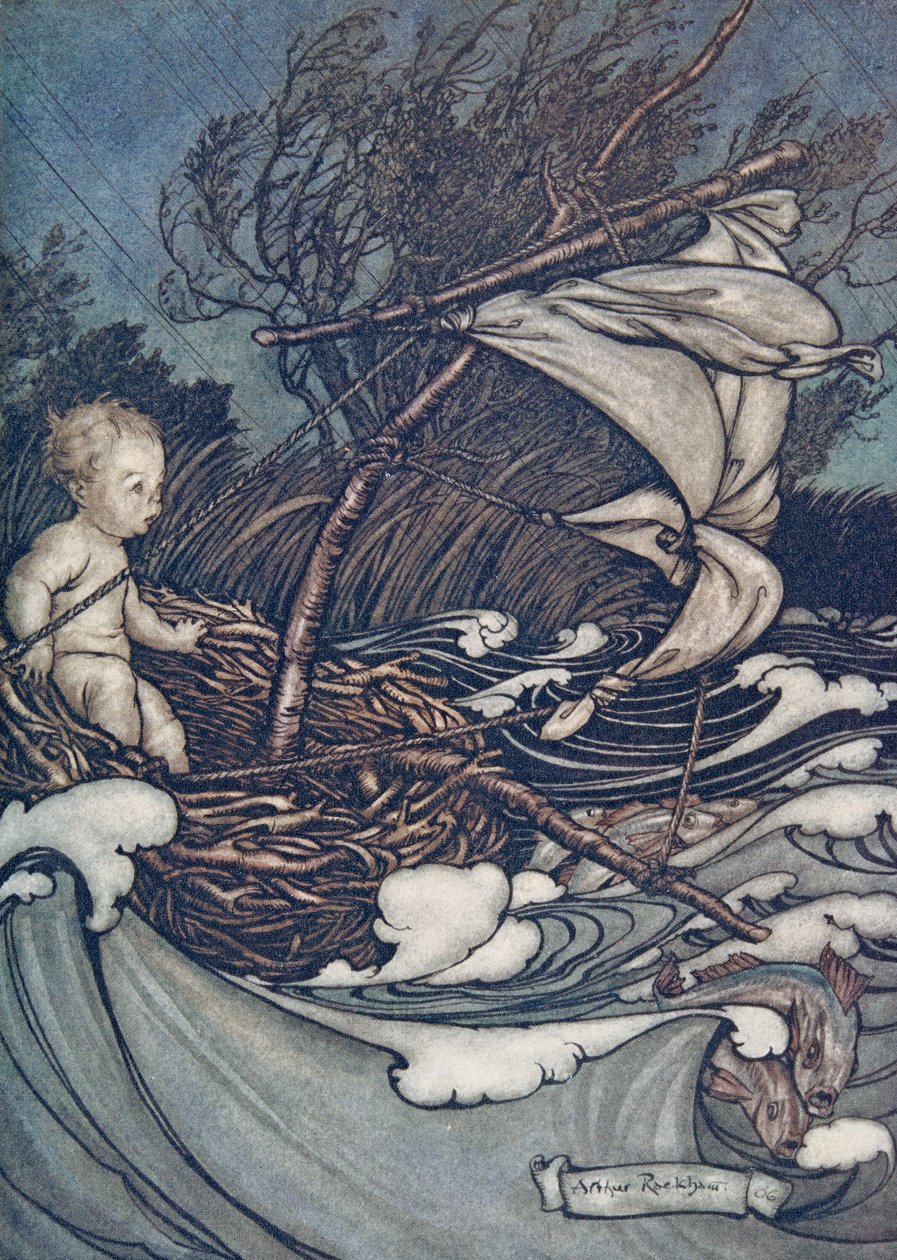 Ora si alzò una grande tempesta e fu sballottato qua e là.., da Peter Pan nei Giardini di Kensington di J M Barrie (1860 - 1937), pub. 1906 da Arthur Rackham