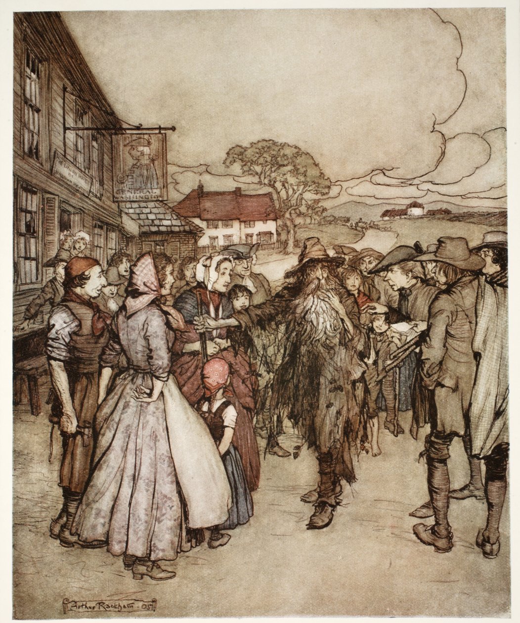 Lo circondarono, osservandolo dalla testa ai piedi con grande curiosità, da Rip Van Winkle di Washington Irving, pub. 1910 da Arthur Rackham