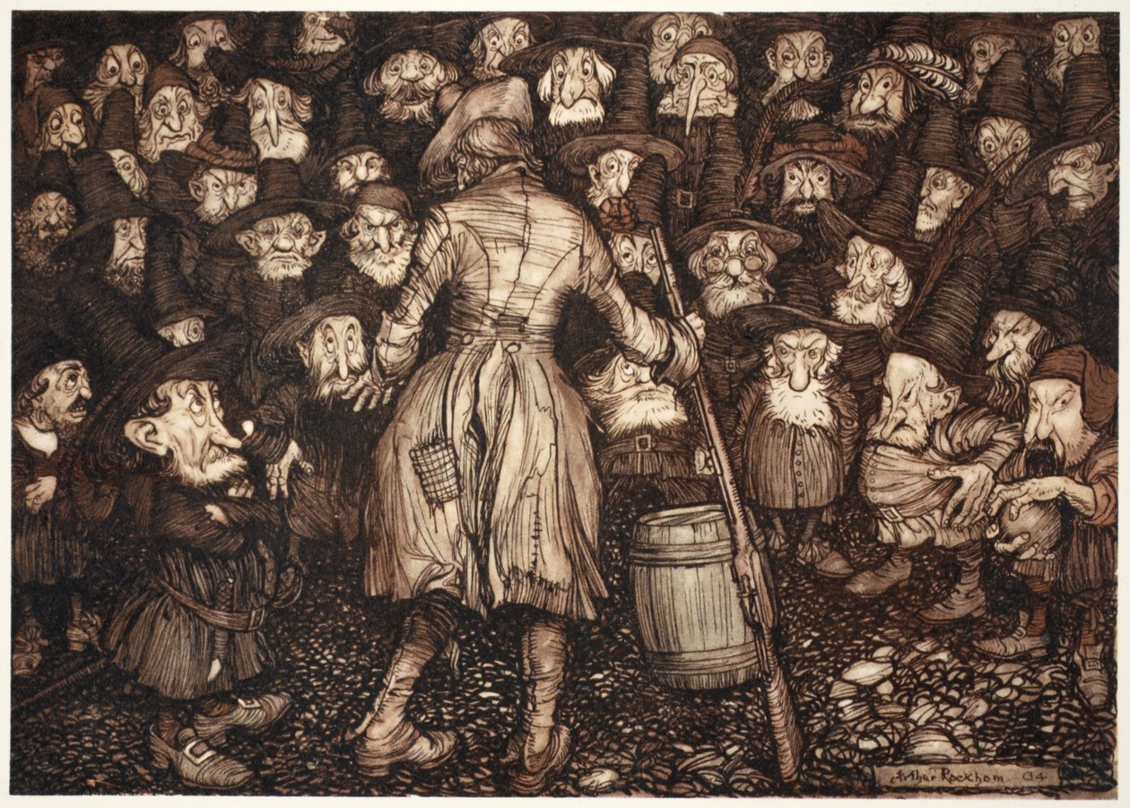 Lo fissavano con uno sguardo così fisso, simile a una statua, che il suo cuore si girò dentro di lui e le sue ginocchia si scontrarono., da Rip Van Winkle di Washington Irving, pub. 1910 da Arthur Rackham