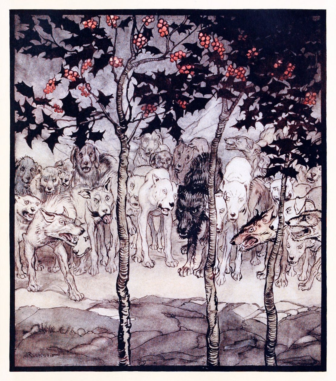 Stavano fuori, pieni di ferocia e terrore. da La grotta incantata di Cesh Corran in Fiabe irlandesi da Arthur Rackham