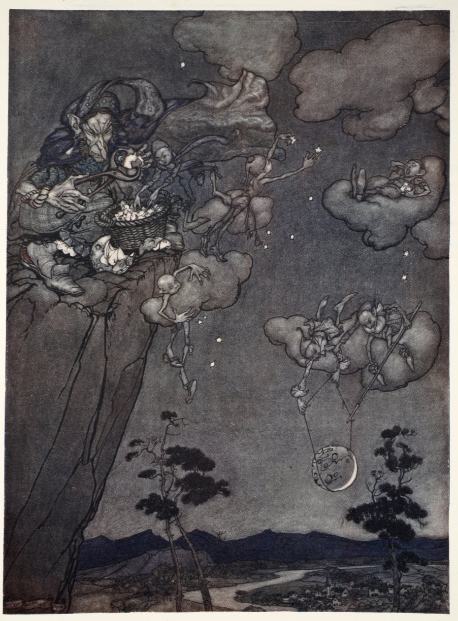 Erano governati da uno spirito di vecchia squaw che appendeva le nuove lune nel cielo e tagliava le vecchie in stelle., da Rip Van Winkle di Washington Irving, pub. 1910 da Arthur Rackham