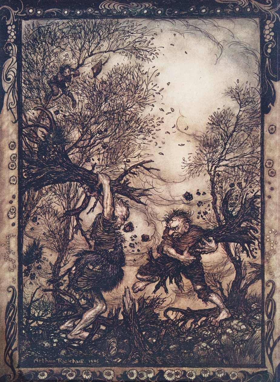 Si arrabbiarono così tanto che sradicarono alberi e si colpirono a vicenda finché non caddero entrambi morti, da Le fiabe dei fratelli Grimm, pub. 1909 da Arthur Rackham