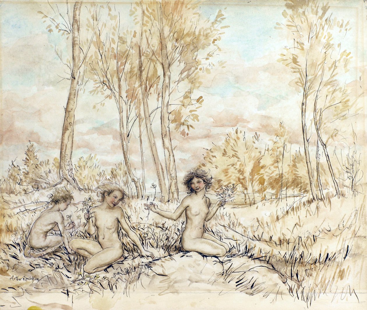 Tre ninfe dei boschi che raccolgono fiori da Arthur Rackham