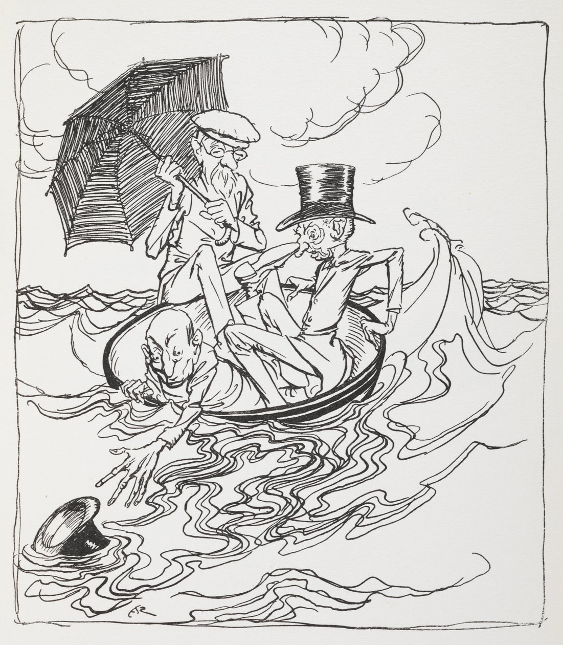 Tre uomini in una ciotola sul mare da Arthur Rackham