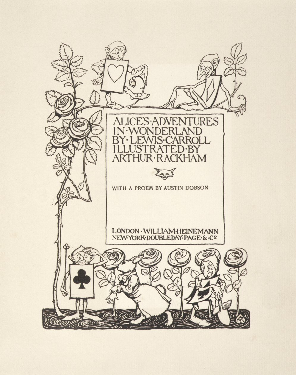 Pagina del titolo, da Le avventure di Alice nel Paese delle Meraviglie, di Lewis Carroll, pub. 1907 da Arthur Rackham