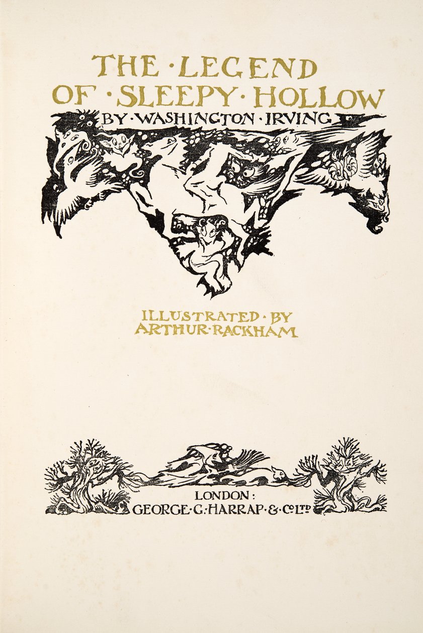 Pagina del titolo, da La leggenda di Sleepy Hollow di Washington Irving (1783 - 1859), pub. 1928 da Arthur Rackham
