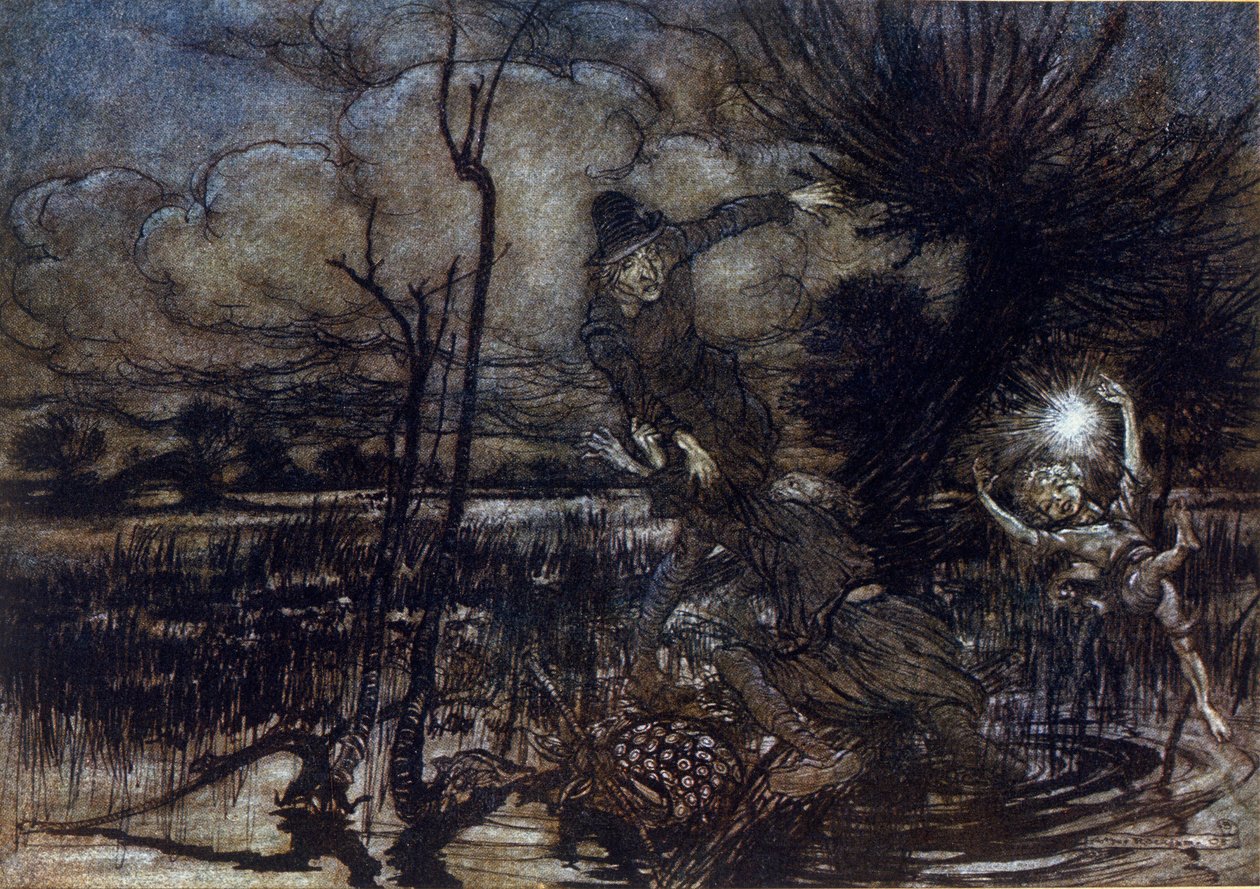 Due personaggi non riescono ad annegare nella palude, Puck li aiuta con un fuoco. Illustrazione di Arthur Rackham per Il Sogno di una Notte di Mezza Estate di William Shakespeare da Arthur Rackham