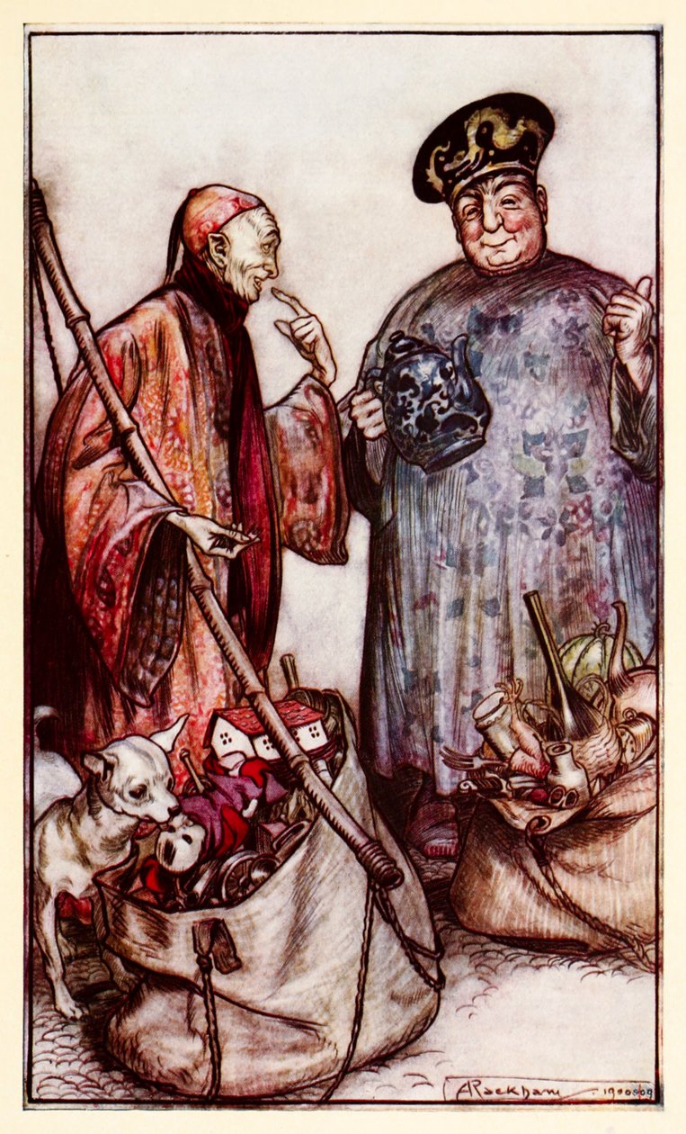 Due di quei saggi... come venditori ambulanti tra noi (esprimendosi con le cose che portano in giro) dalla Parte III: Un viaggio a Laputa, Balnibarbi, Luggnagg, Glubbdubdrib e Giappone nei Viaggi di Gulliver da Arthur Rackham