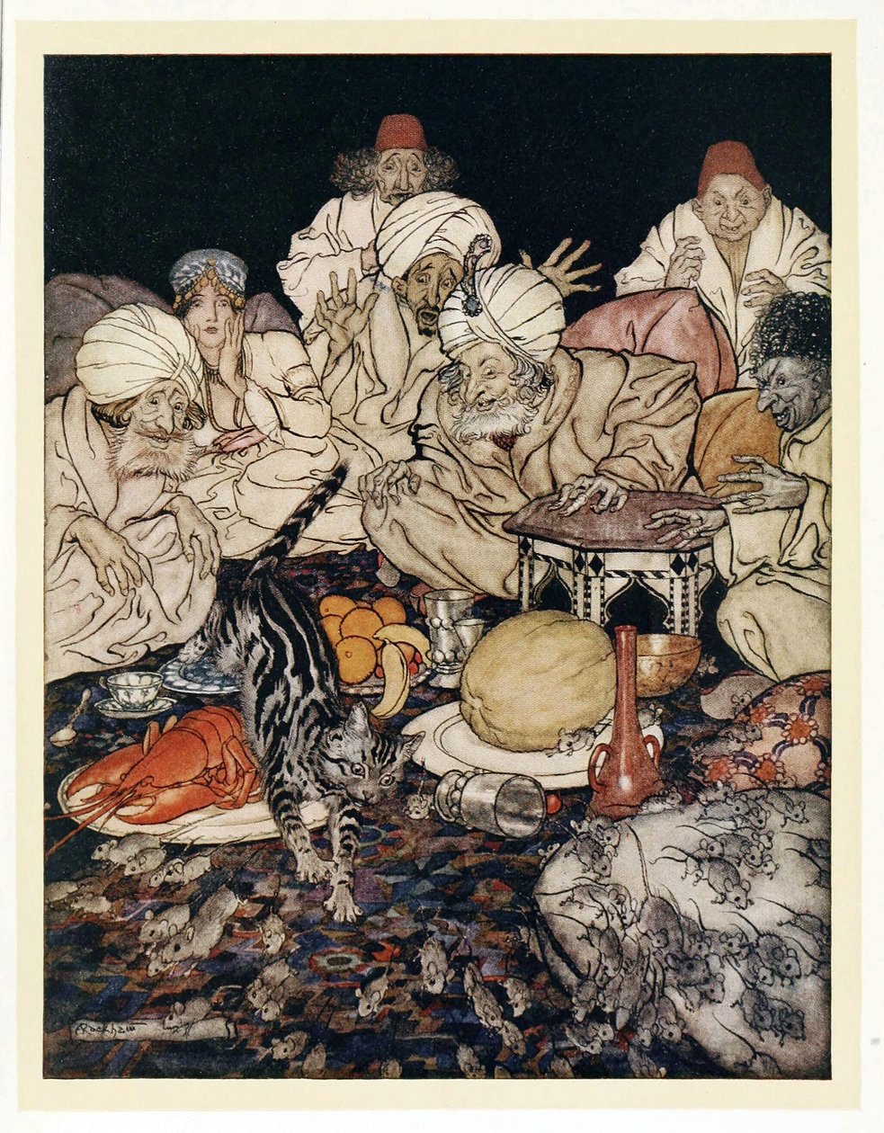 Quando Puss vide i topi e i ratti, non aspettò di essere avvisata, da Fiabe inglesi, pub. 1922 da Arthur Rackham