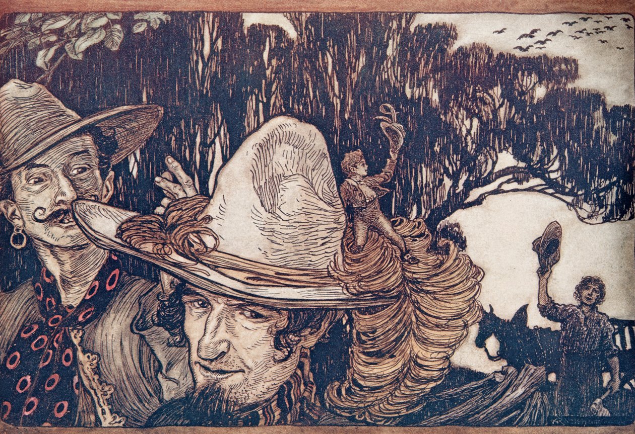 Quando Tom ebbe detto addio a suo padre, andarono via con lui, da Le fiabe dei fratelli Grimm, pub. 1909 da Arthur Rackham