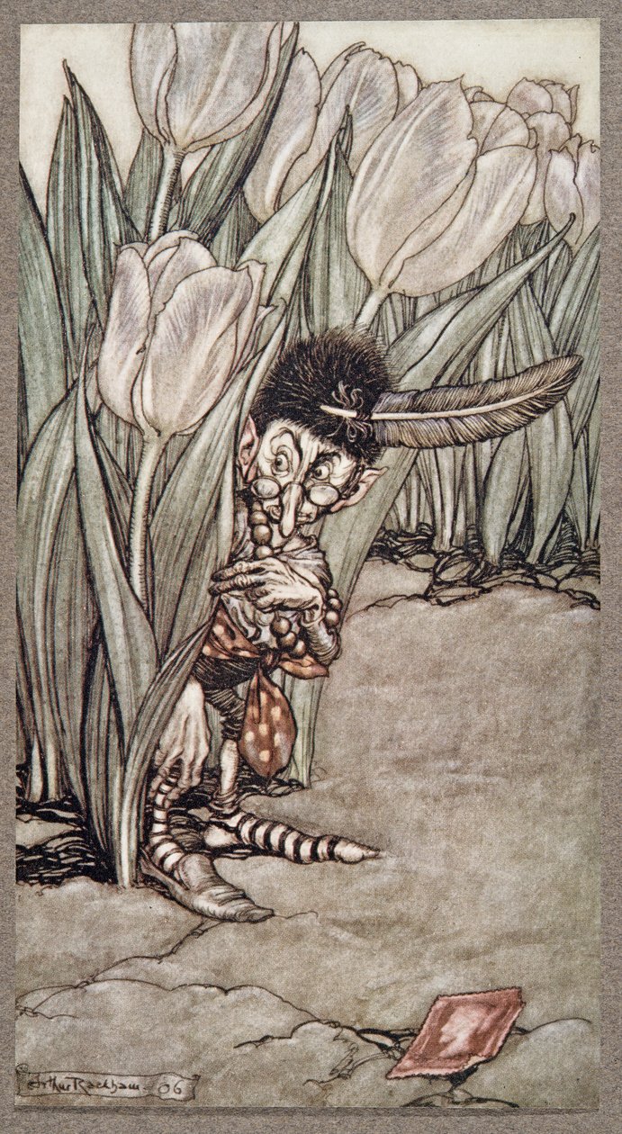 Quando sentì la voce di Peter si nascose allarmato dietro un tulipano, da Peter Pan nei Giardini di Kensington di J M Barrie (1860 - 1937), pub. 1906 da Arthur Rackham