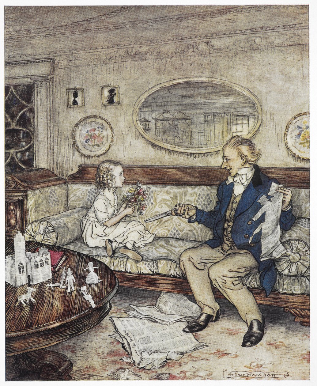 "Perché i miei fiori sembrano così sbiaditi oggi?" Illustrazione a colori che mostra una giovane ragazza, Ida, seduta su un divano con un giovane uomo, uno studente, che tiene un paio di forbici. da Arthur Rackham