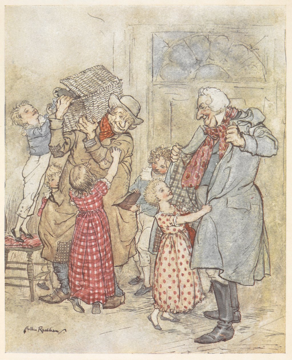 Bambini che aiutano due uomini anziani con i loro cappotti mentre entrano in una casa con regali di Natale da Arthur Rackham
