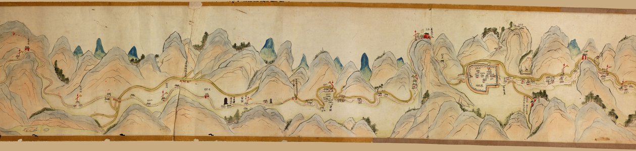 16.000. fornito. Orientato con il nord a destra. Rilievo mostrato pittoricamente. Copre il fiume Wei nella contea di Baoji, provincia di Shanxi fino a Shu Dao al confine Shanxi-Sichuan. Mostra insediamenti, fermate di riposo, stazioni, locande, templi, pas da Arthur W. Hummel