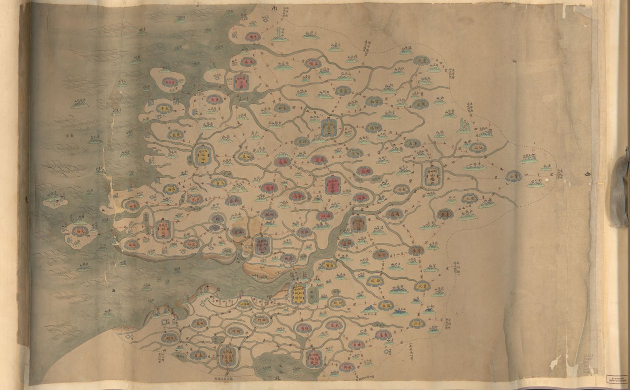 850.000. orientato con il nord in basso. Mostra montagne, costa, isole e strade nella provincia di Zhejiang. da Arthur W. Hummel