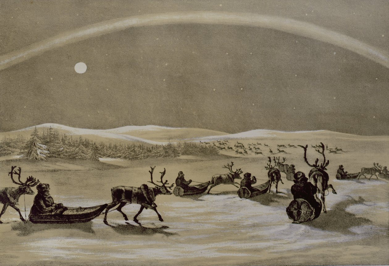 Una singolare apparizione delle luci del nord sopra una mandria di renne di un lappone che attraversa il Jerdis Javri, da Winter Sketches in Lapland, inciso da James Duffield Harding (1798-1863) 1825 da Arthur de Capell Brooke