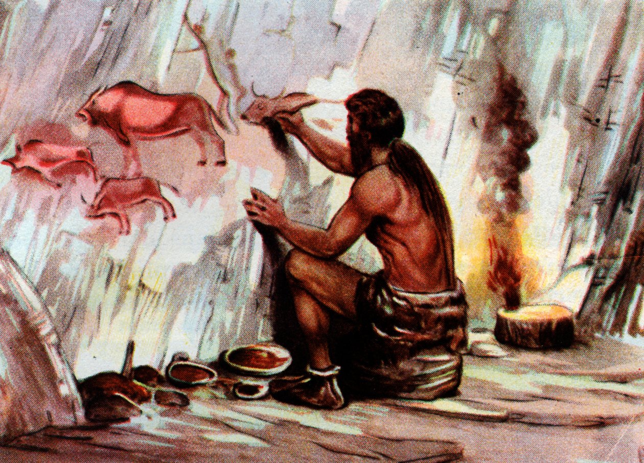 Un Homo Sapiens che dipinge in una grotta, da "Vita Meravigliosa" (stampa) da Artist Unknown