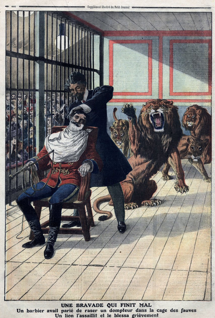 Una bravata che finisce male: un barbiere che scommette di radere un domatore nella gabbia delle bestie da Artist Unknown
