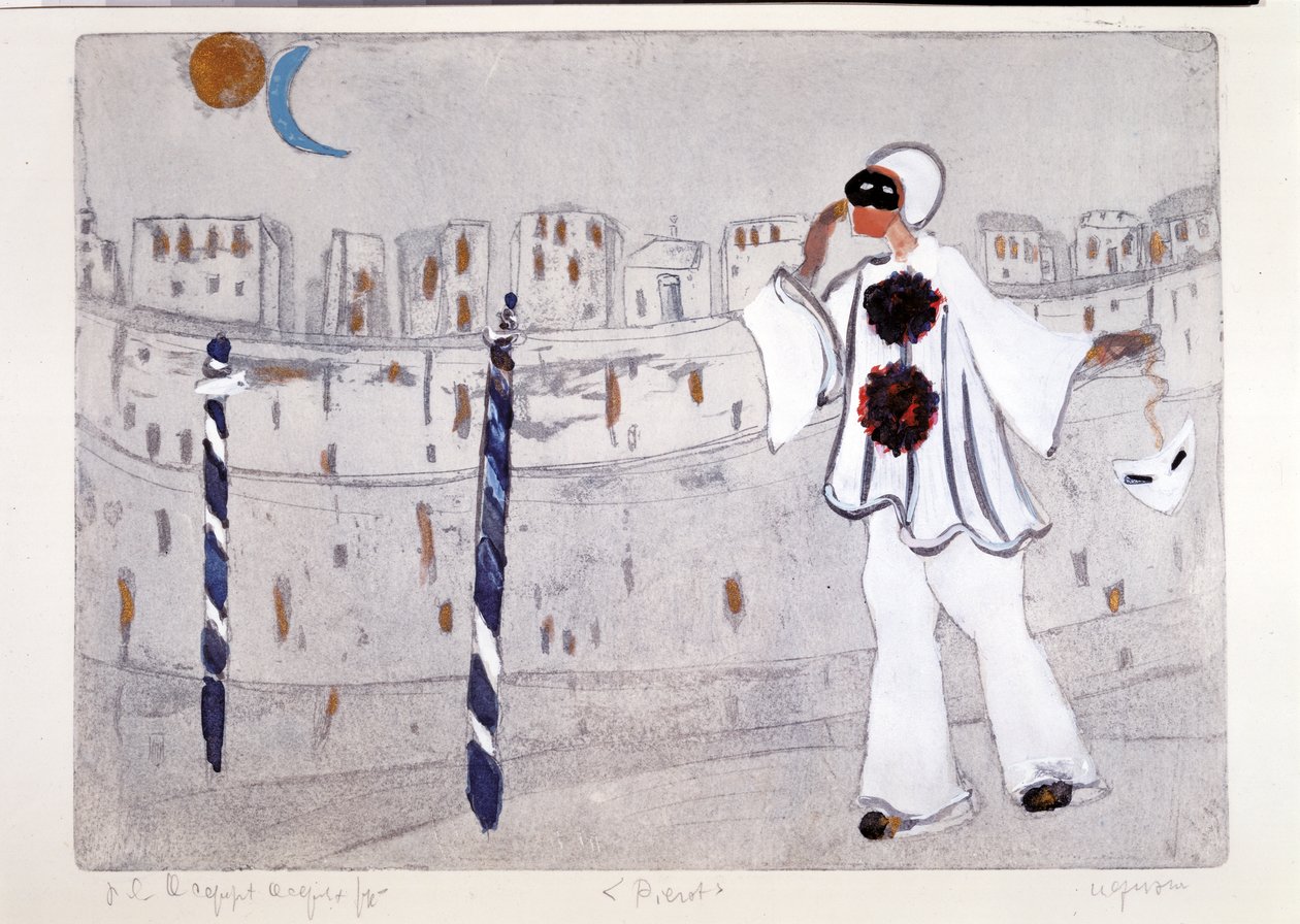 Una moderna interpretazione di Pierrot con Venezia sullo sfondo (acquaforte) da Artist Unknown