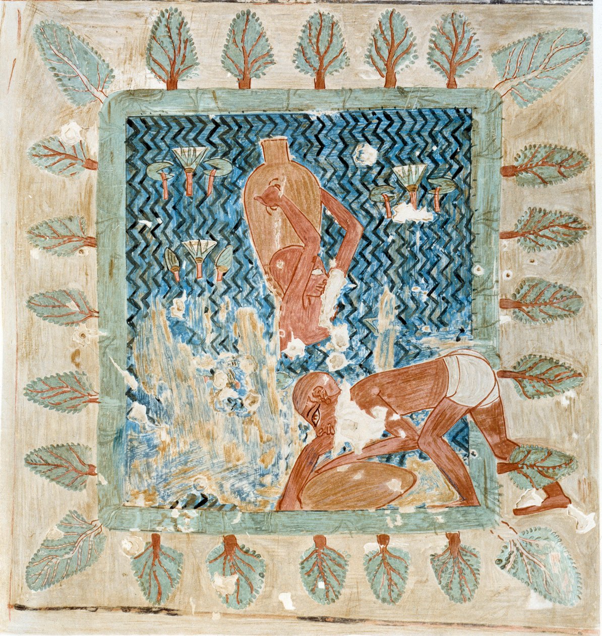 Arte Egitto: due servi che attingono acqua da un bacino. Simile collegio dalla tomba di Rekhmire a Tebe da Artist Unknown