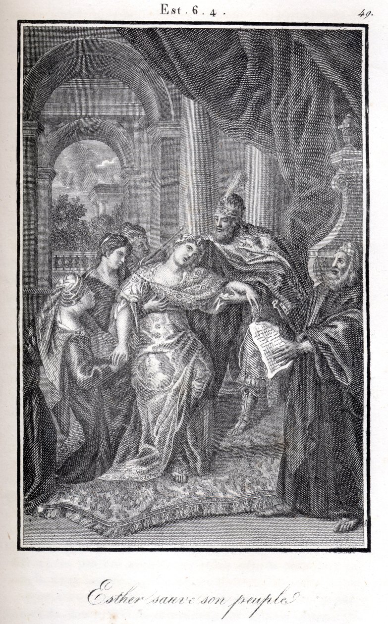 Bibbia, Ester salva il suo popolo dicendo ad Assuero che Haman aveva intenzione di ucciderla (incisione) da Artist Unknown
