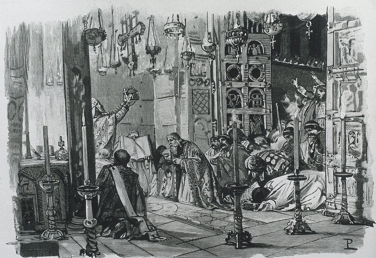 CARLOMAGNO o CARLO I (742-814). Re dei Franchi e dei Longobardi (768-814) e Imperatore del Sacro Romano Impero (800-814). Incoronazione di Carlo Magno come Imperatore del Sacro Romano Impero (800). Incisione. da Artist Unknown