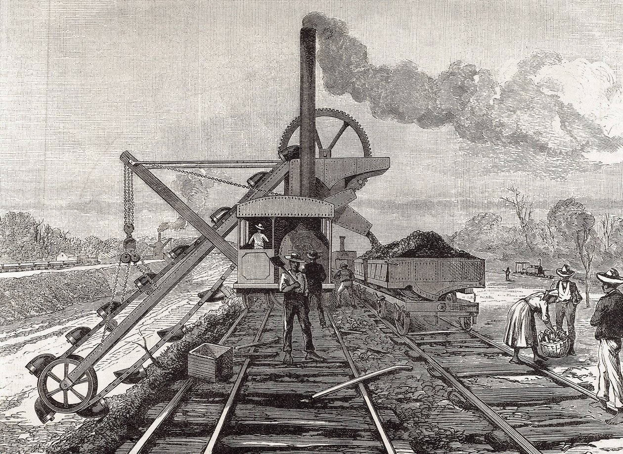 Costruzione del Canale di Panama. Lavori di dragaggio nel villaggio di Culebra. Disegno originale di Meltor Prior. Immagine pubblicata in "The Illustrated London News". Incisione. da Artist Unknown