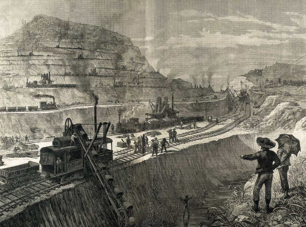 Costruzione del Canale di Panama, lavori di dragaggio nel villaggio di Culebra (incisione) da Artist Unknown