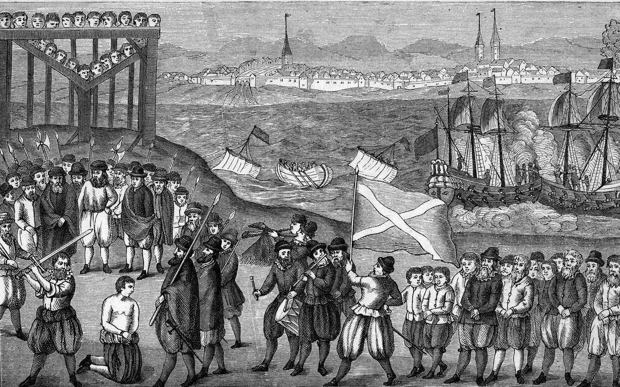 Esecuzione del famoso pirata tedesco Klaus Stortebeker (1360-1401) e dei suoi 71 complici nel 1401 ad Amburgo. Incisione dopo l