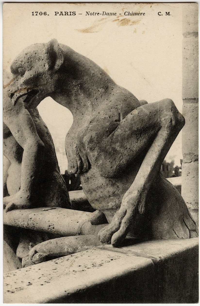 Gargoyle o chimere della cattedrale Notre Dame de Paris costruita tra il 1163 e il XIV secolo - Cartolina, collezione Selva da Artist Unknown