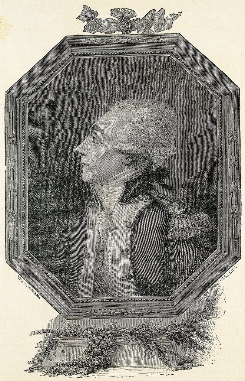 Lafayette, Marie Joseph Gilbert Motie Motier, Marchese di (1757-1834). Aristocratico e militare francese, di ideologia liberale. Incisione da Artist Unknown
