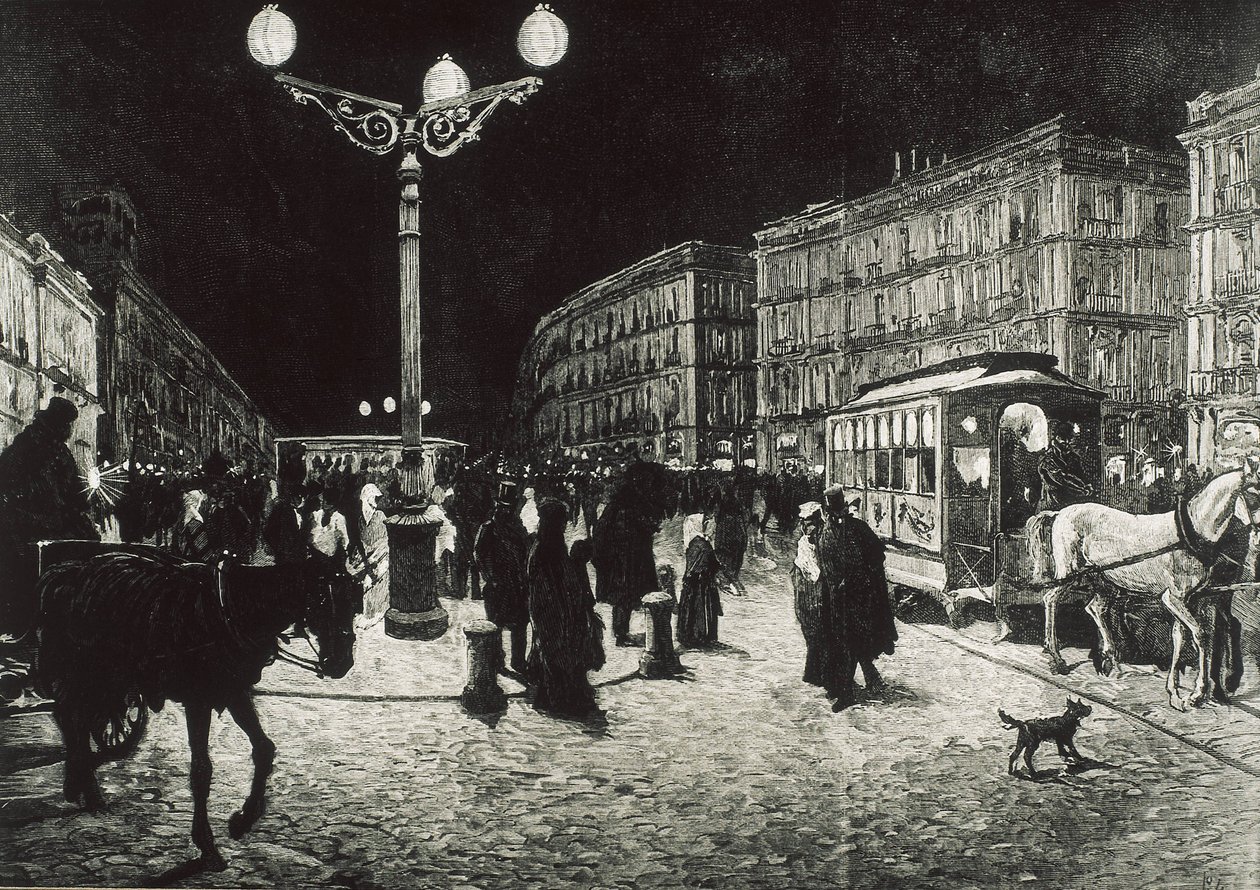 Madrid (1878). La Puerta del Sol illuminata con luce elettrica. Immagine da un disegno di Pellicer per "La Ilustracion Española y Americana". Incisione. da Artist Unknown