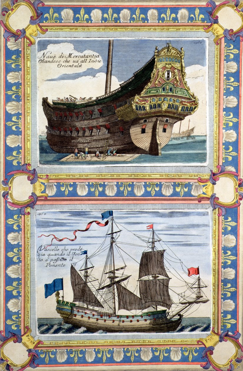 Navi mercantili della Compagnia olandese delle Indie orientali (incisione a colori) da Artist Unknown